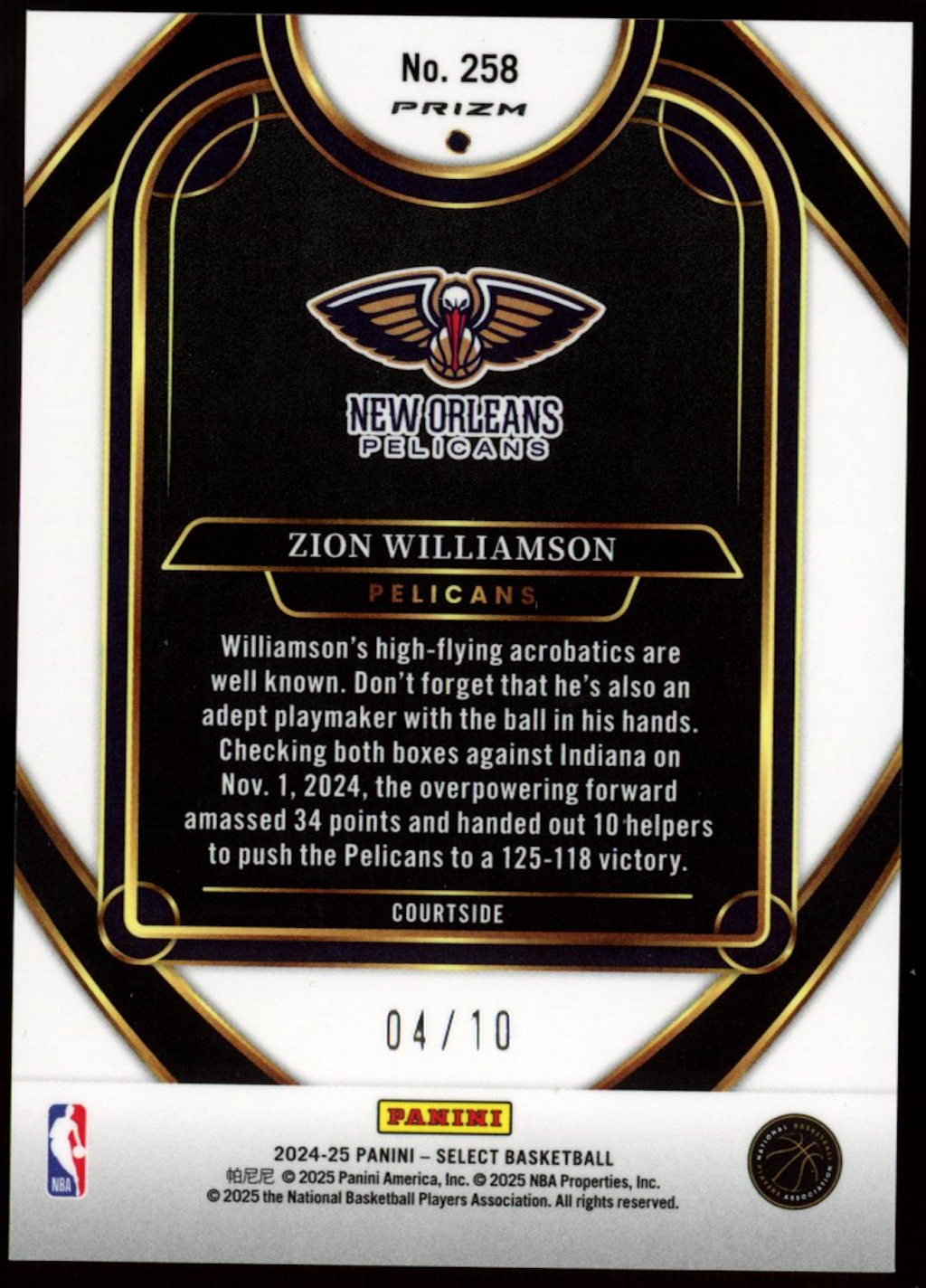 ZION WILLIAMSON 2024-25 Panini Select Courtside Gold Prizm /10 Pelicans #258