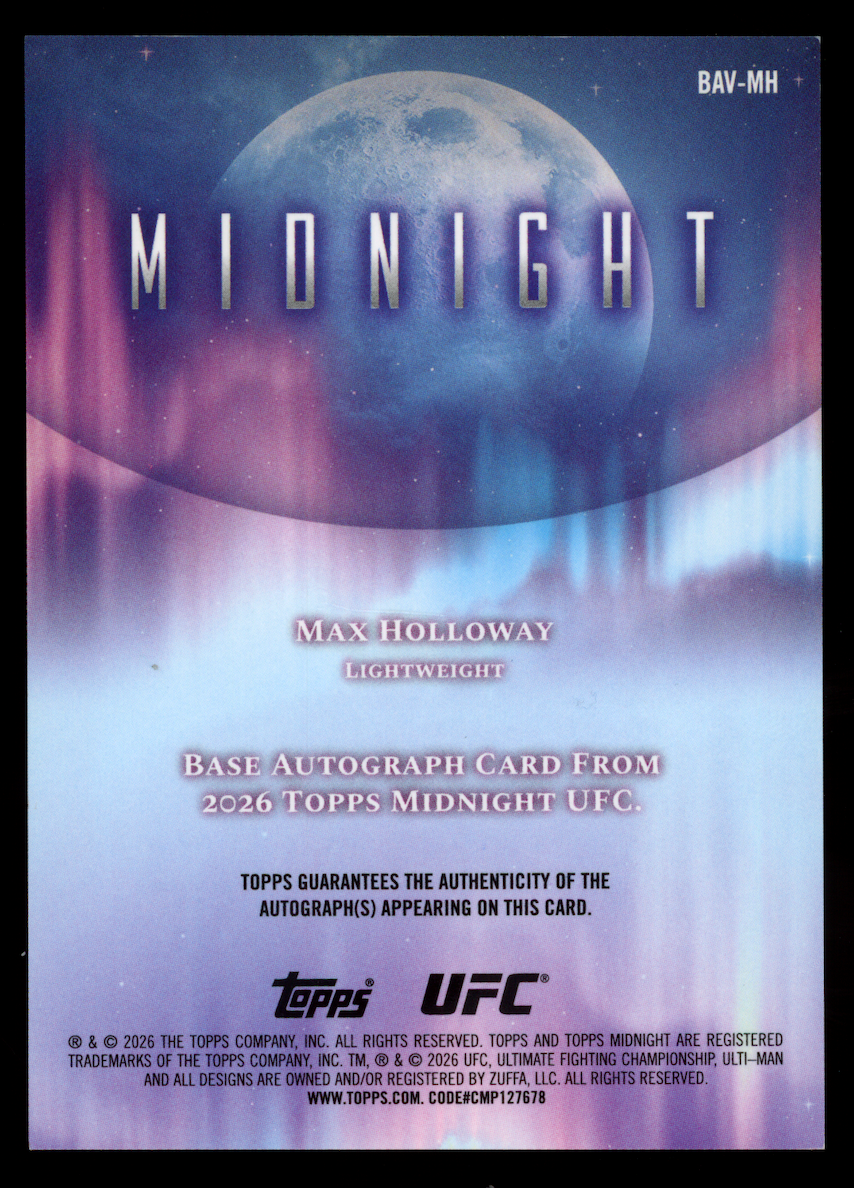 MAX HOLLOWAY 2026 Topps Midnight UFC Base Auto Black Light 1/1 Parallel #BAV-MH