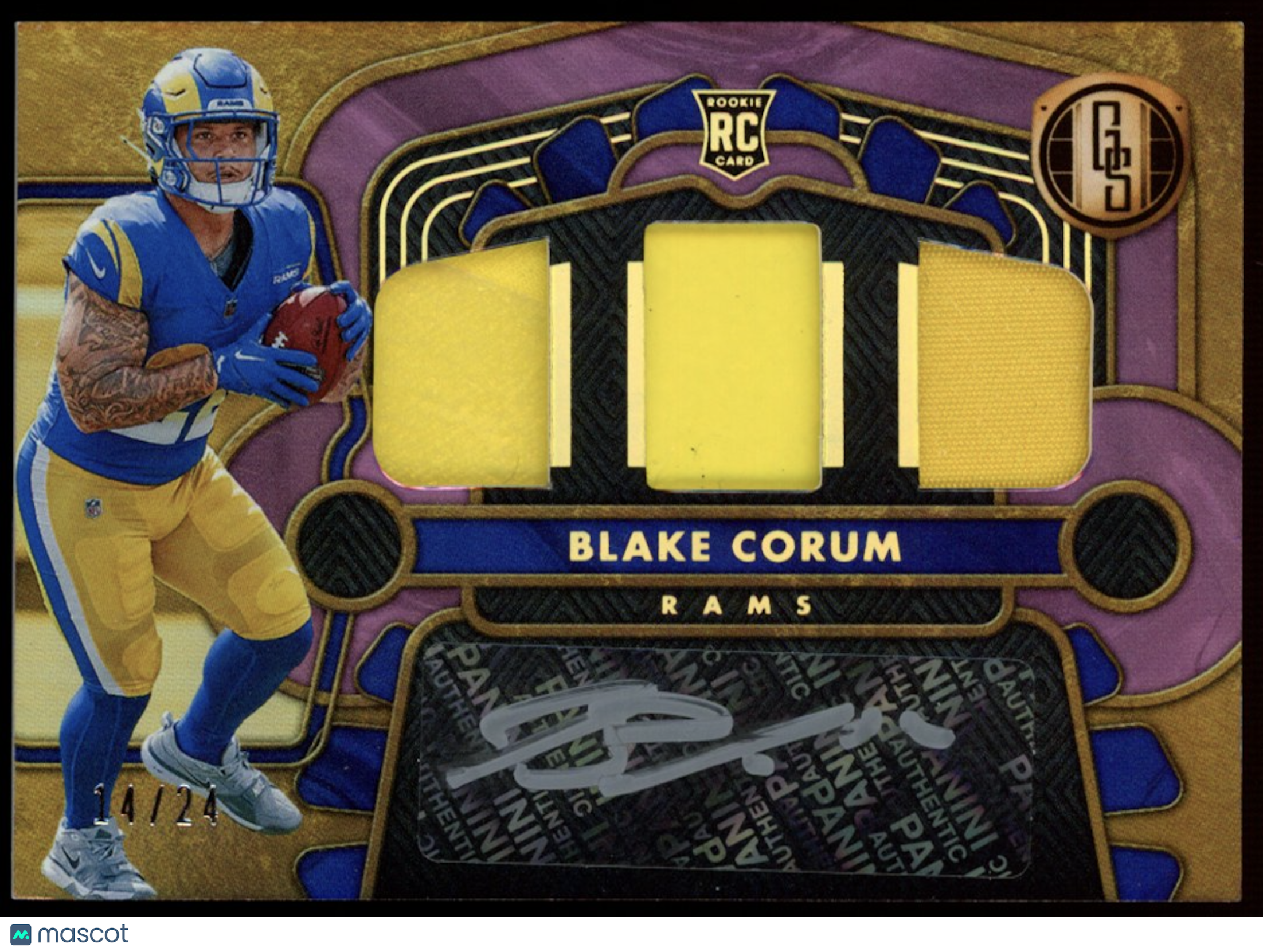BLAKE CORUM 2024 Panini Gold Standard Rookie Patch Auto Rose Gold /24 Rams #11