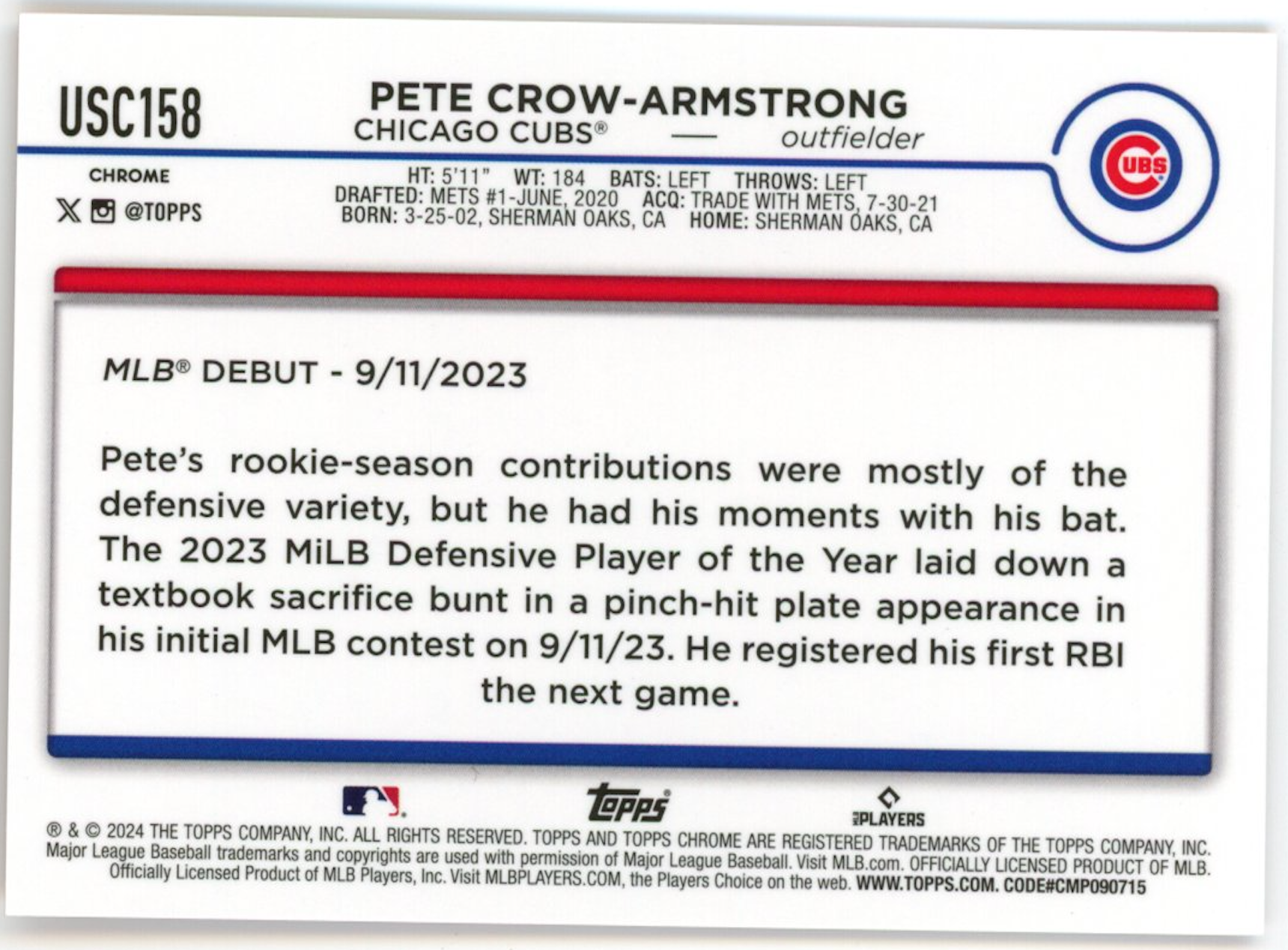PETE CROW-ARMSTRONG 2024 Topps Chrome Update Rookie Orange Refractor /25 Cubs