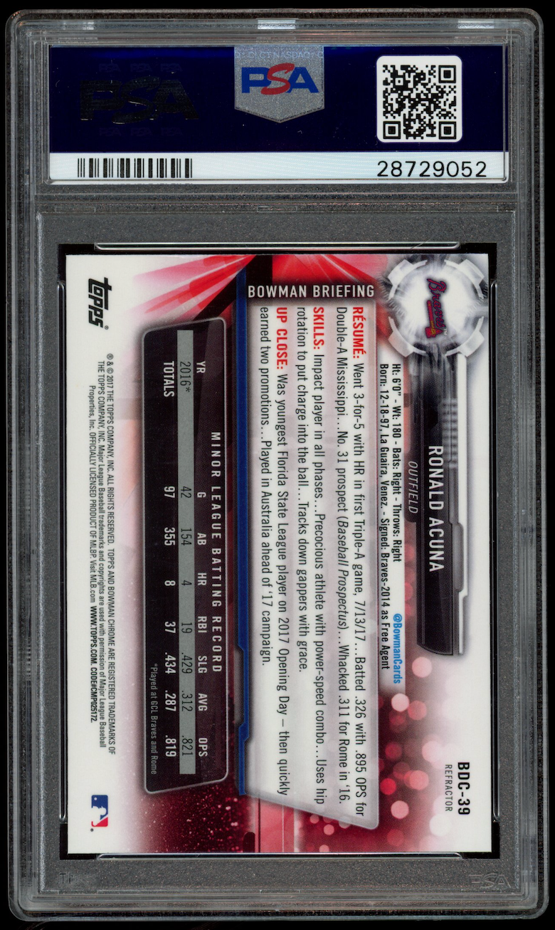 RONALD ACUNA 2017 Bowman Draft Chrome Refractor Prospect #BDC39 PSA 10 Braves