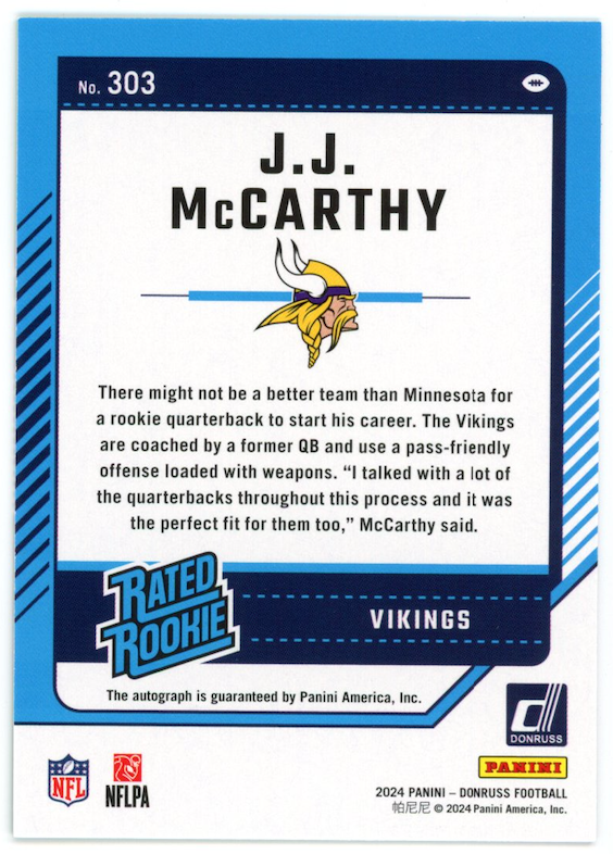 J.J. MCCARTHY 2024 Panini Donruss Rated Rookie Green Press Proof Auto Vikings