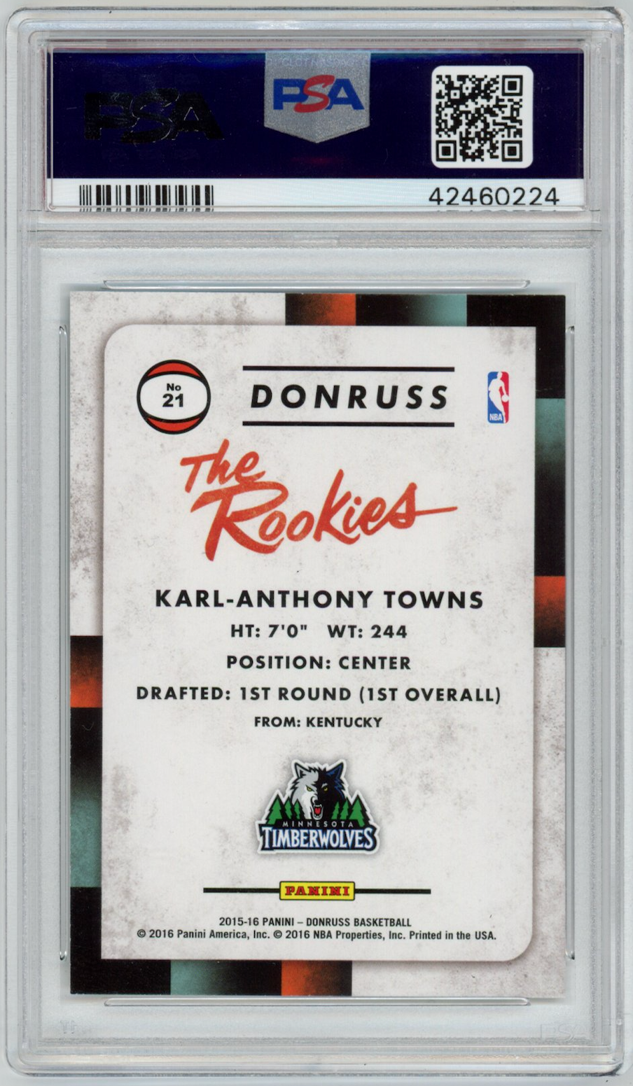 KARL-ANTHONY TOWNS 2015-16 Panini Donruss The Rookies Rookie #21 PSA 10