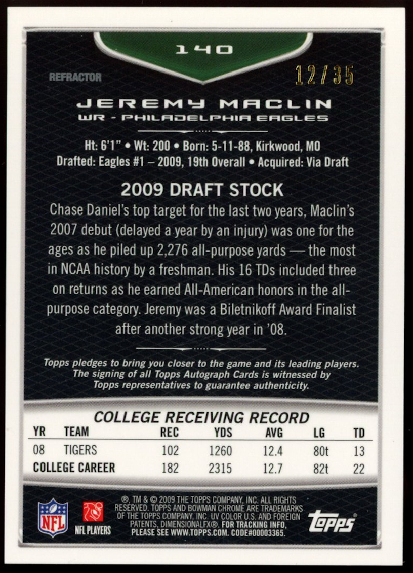JEREMY MACLIN 2009 Bowman Chrome Rookie Auto Blue Refractor /35 Eagles #140