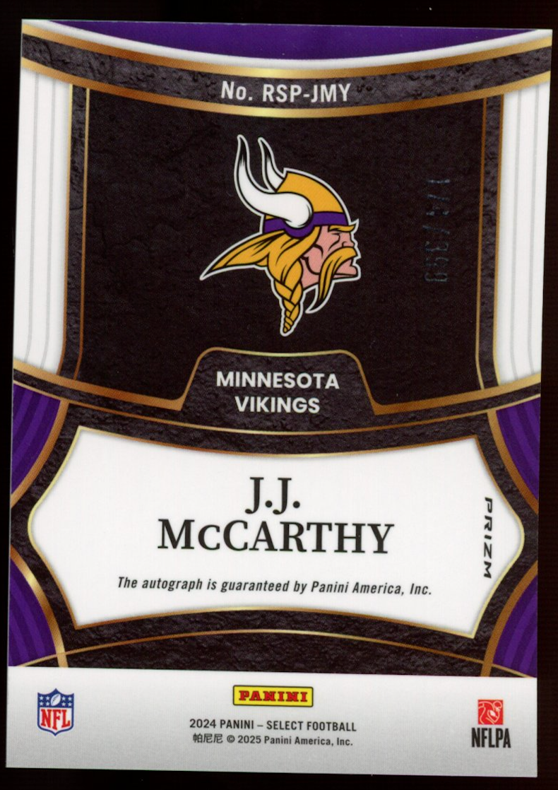 J.J. MCCARTHY 2024 Panini Select Silver Prizm Rookie Auto /399 Vikings