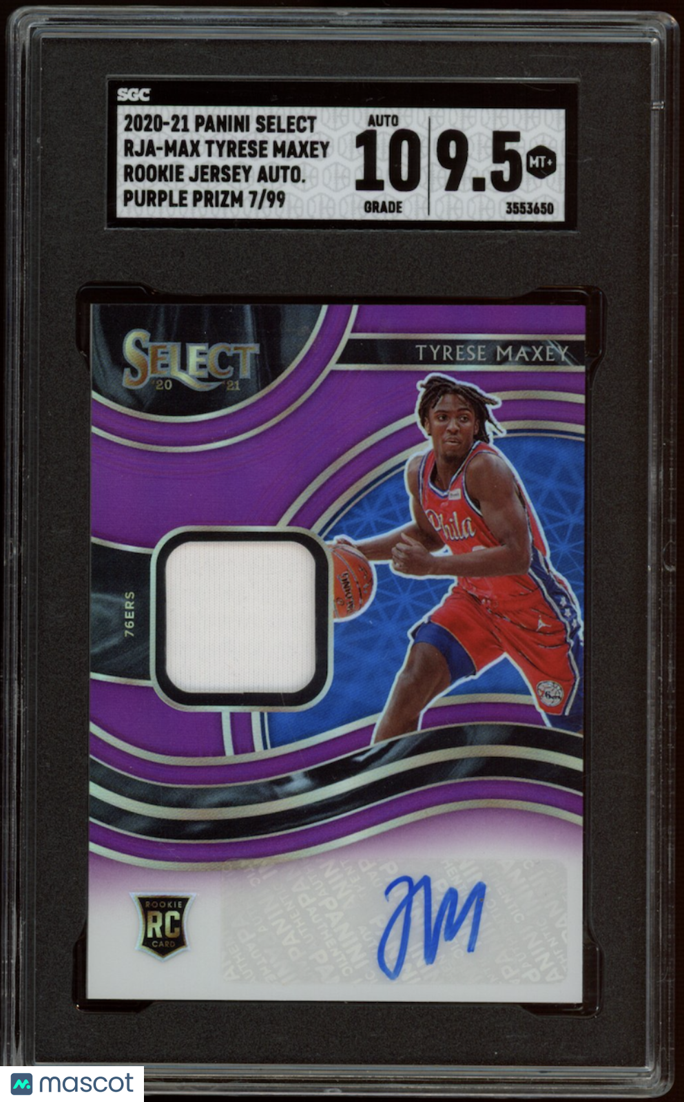 TYRESE MAXEY 2020-21 Panini Select Rookie Patch Auto Purple Prizm /99 SGC 9.5