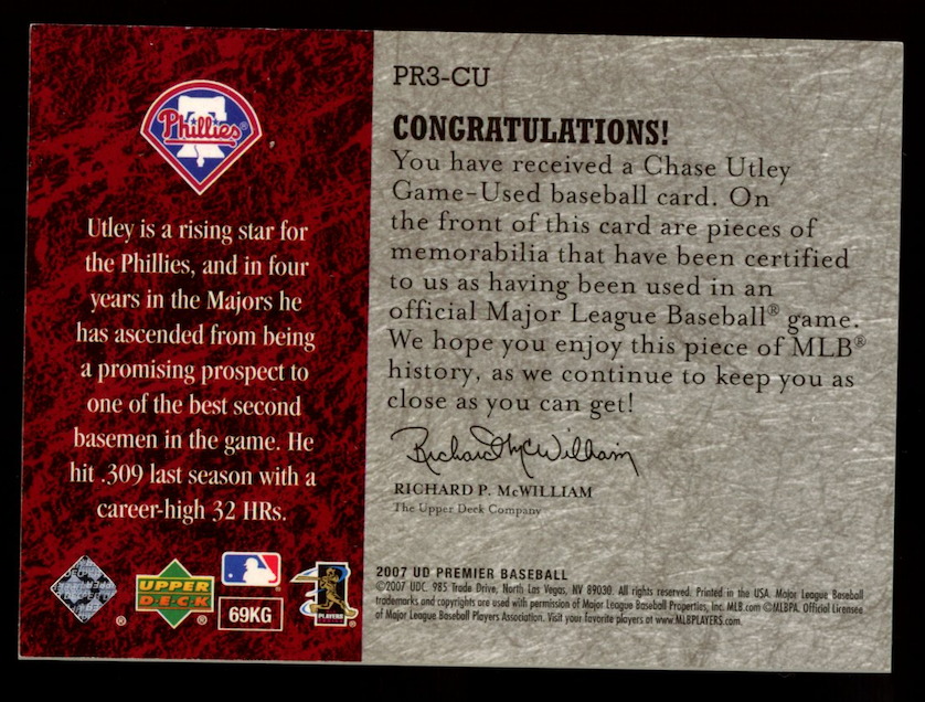CHASE UTLEY 2007 Upper Deck Premier Remnants Triple Patch /75 Phillies