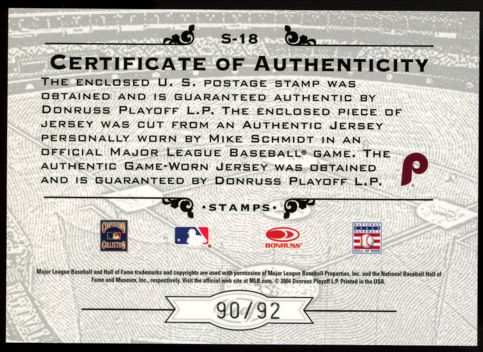 MIKE SCHMIDT 2004 Donruss Stamps Postage Stamp & Jersey Relic /92 Phillies