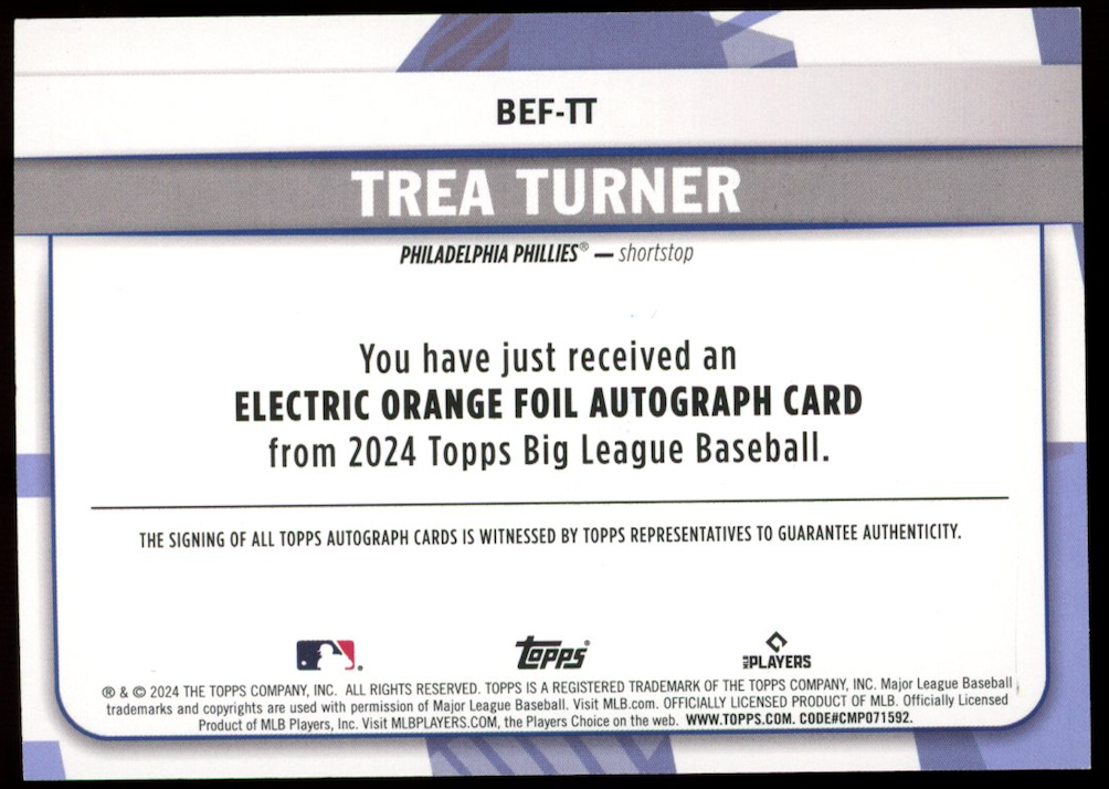 TREA TURNER 2024 Topps Big League Electric Orange Foil Auto #BEF-TT Phillies