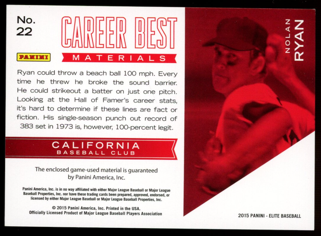 NOLAN RYAN 2015 Panini Elite Career Best Materials Jersey Patch /299 #22 Angels