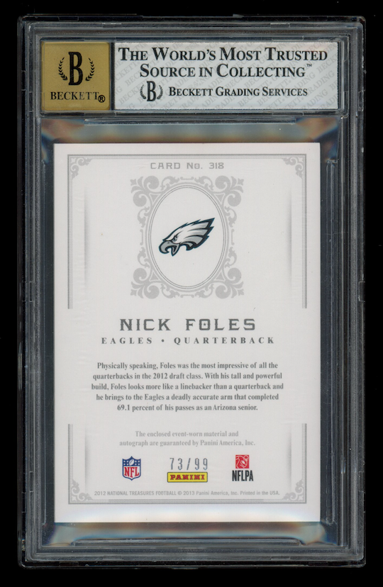 NICK FOLES 2012 Panini National Treasures Rookie Patch Auto /99 #318 BGS 8 A 10
