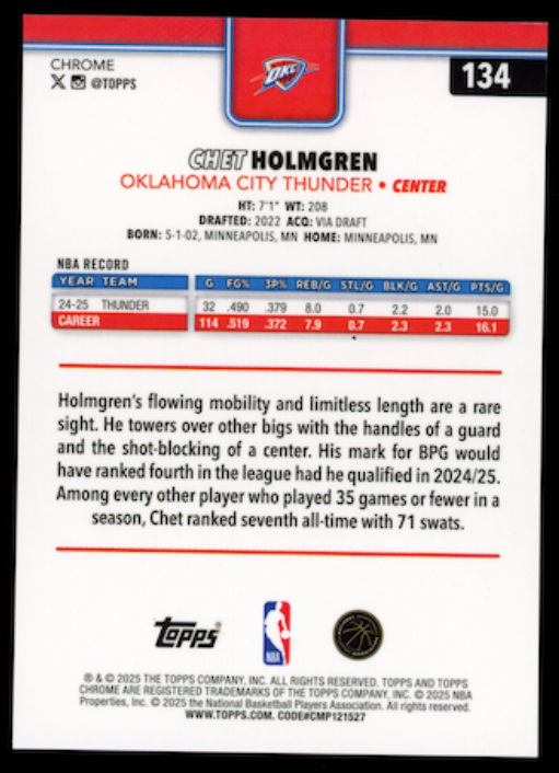 CHET HOLMGREN 2025-26 Topps Chrome Orange Geometric Refractor /25 #134 Thunder