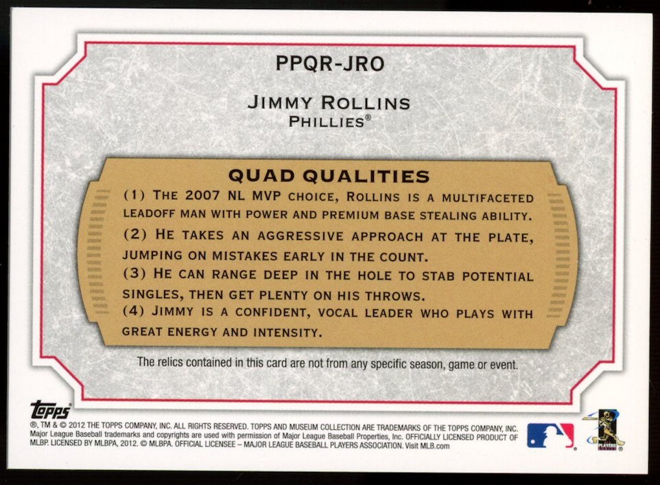 JIMMY ROLLINS 2012 Topps Museum Collection Primary Pieces Quad Relic Red /75