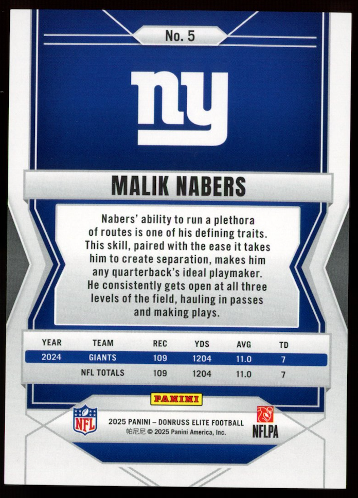 MALIK NABERS 2025 Panini Donruss Elite True 1/1 Elite New York Giants #5