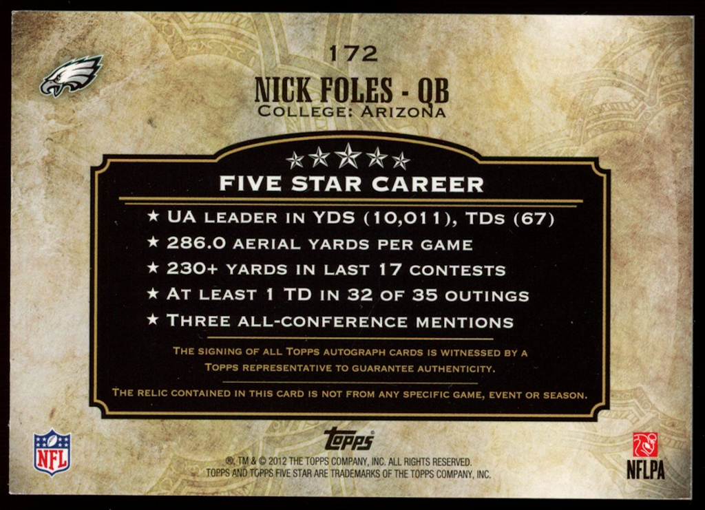 NICK FOLES 2012 Topps Five Star Rookie Patch Auto Silver /25 Eagles #172