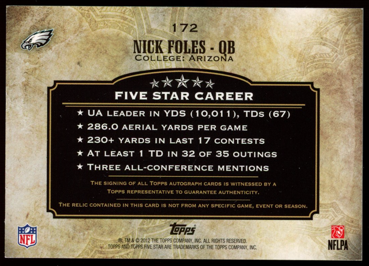 NICK FOLES 2012 Topps Five Star Rookie Patch Auto Silver /25 Eagles #172