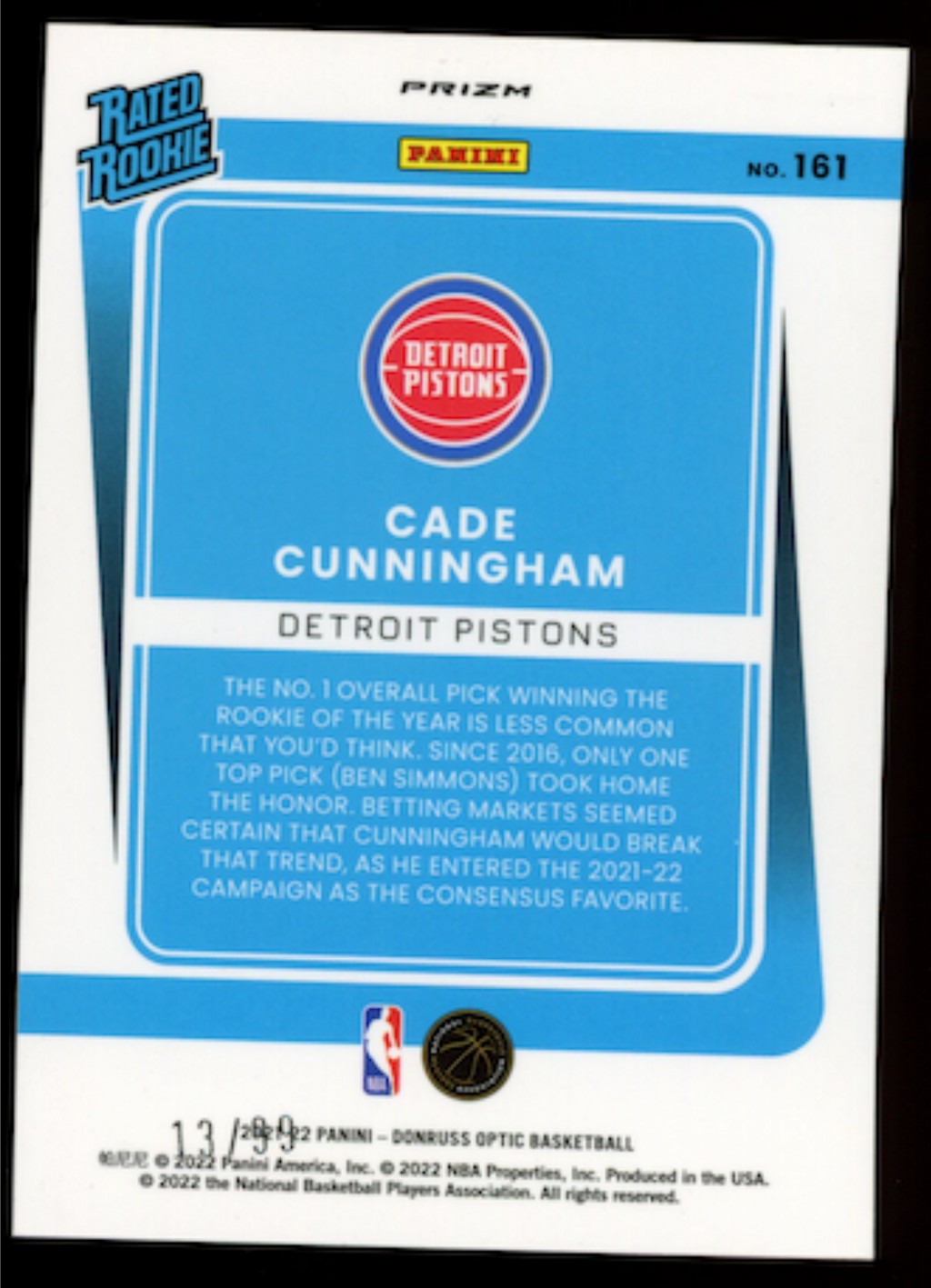CADE CUNNINGHAM 2021-22 Panini Donruss Optic Rated Rookie Red Prizm /99 #161