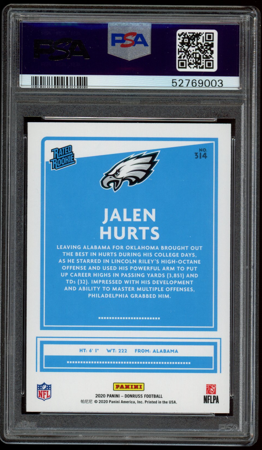 JALEN HURTS 2020 Panini Donruss Rated Rookie #314 PSA 10 Eagles