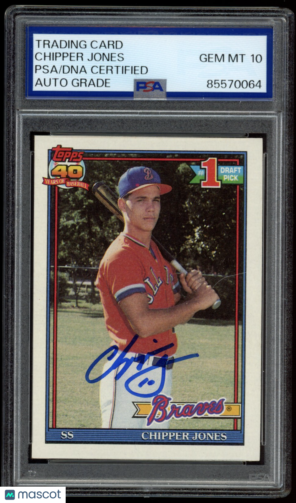 CHIPPER JONES 1991 Topps Rookie Signed #333 PSA/DNA Certified Auto Grade 10