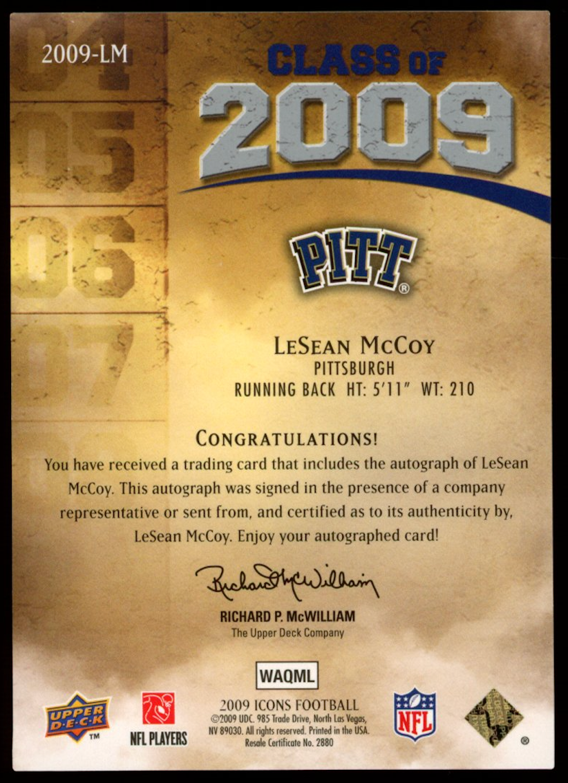 LESEAN MCCOY 2009 Upper Deck Icons Class of Rookie Auto /99 #2009-LM Eagles