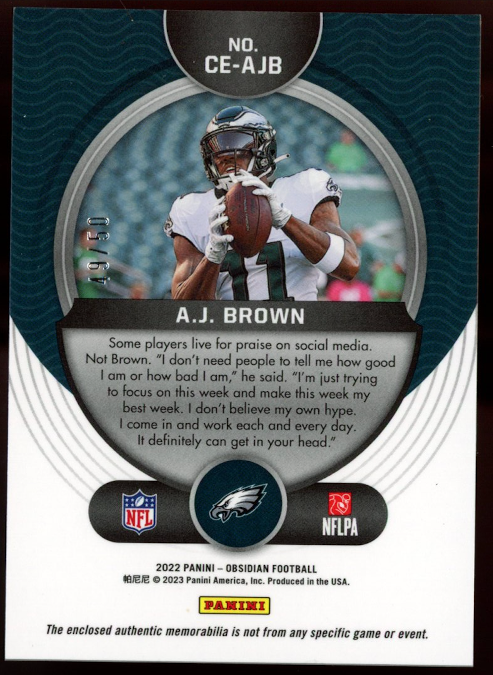 A.J. BROWN 2023 Panini Obsidian Cutting Edge Patch Electric Etch Green /50