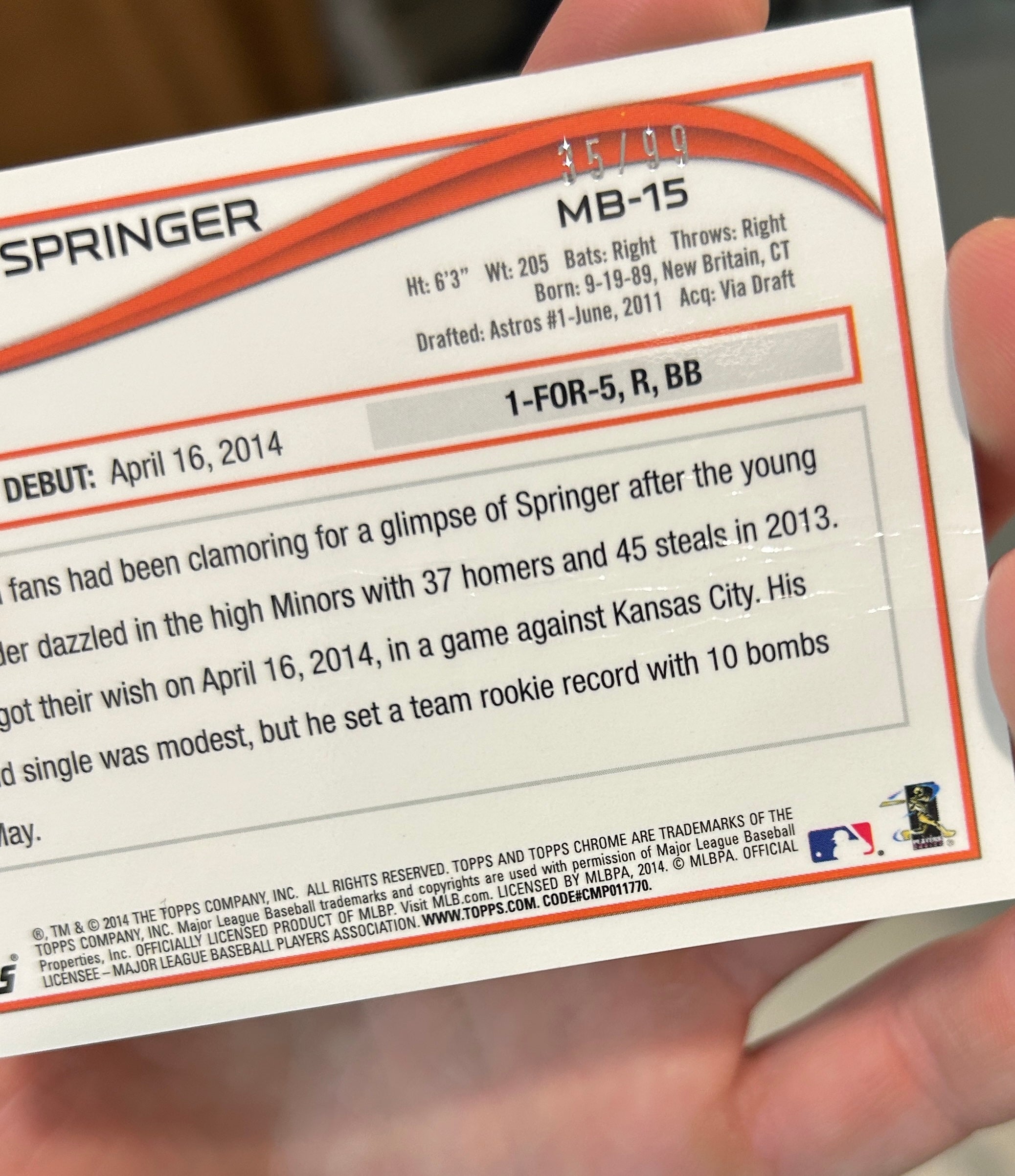 GEORGE SPRINGER 2014 Topps Chrome Update Rookie Black Refractor /99 #MB-15