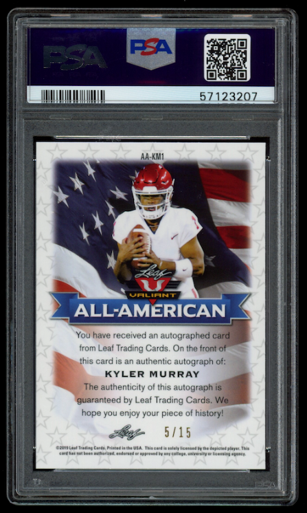 KYLER MURRAY 2019 Leaf Valiant All-American Pink Auto /15 #AAKM1 PSA 10 Sooners