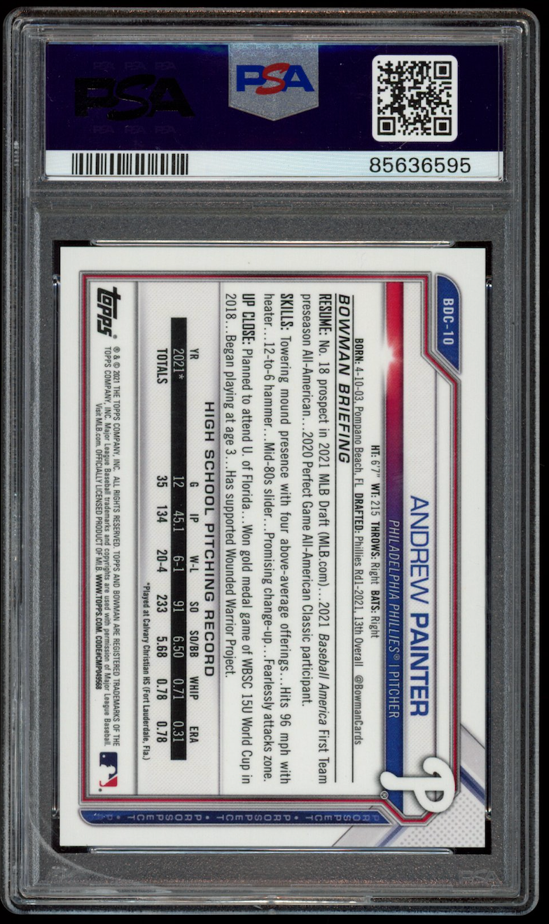 ANDREW PAINTER 2021 Bowman Draft Chrome Purple Refractor /250 #BDC10 PSA 10