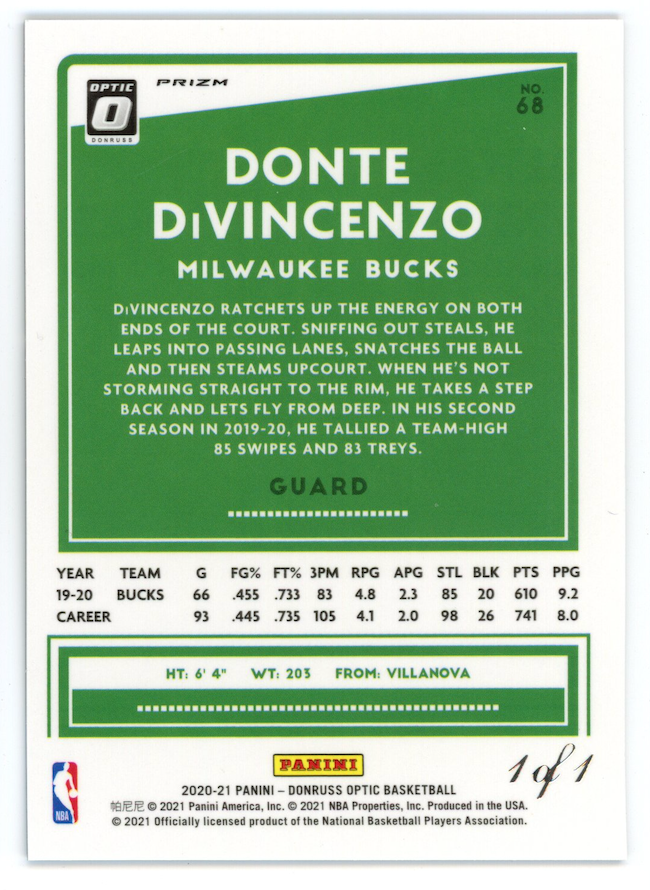 DONTE DIVINCENZO 2020-21 Panini Donruss Optic Choice Nebula Prizm 1/1 #68