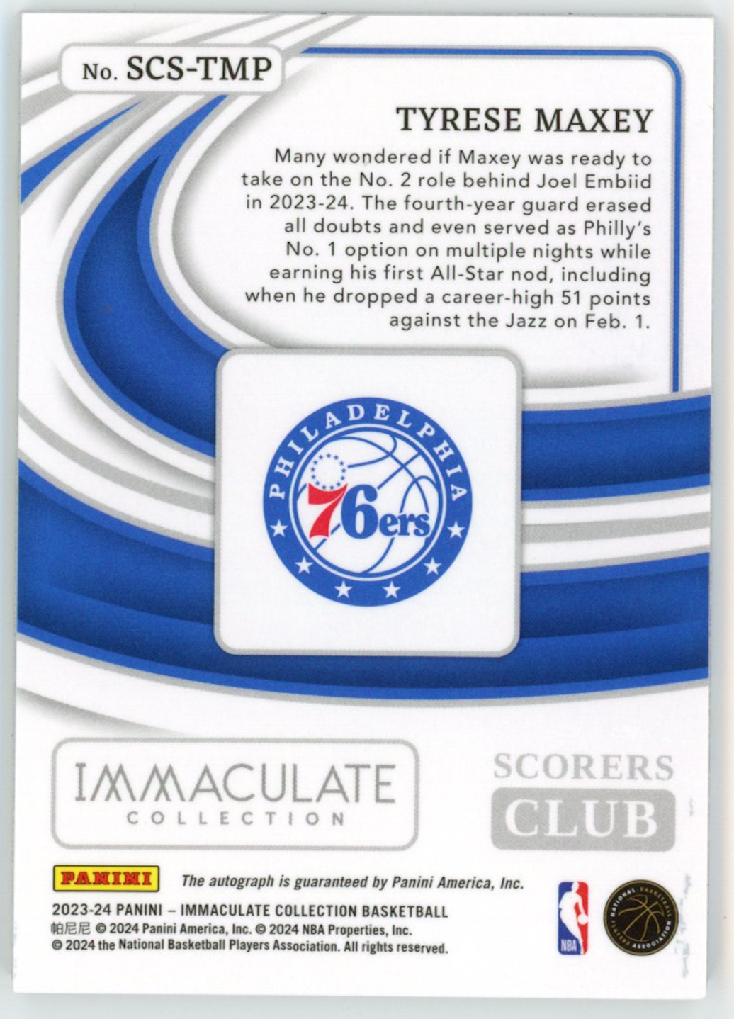 TYRESE MAXEY 2023-24 Panini Immaculate Collection Scorers Club Auto /99 76ers