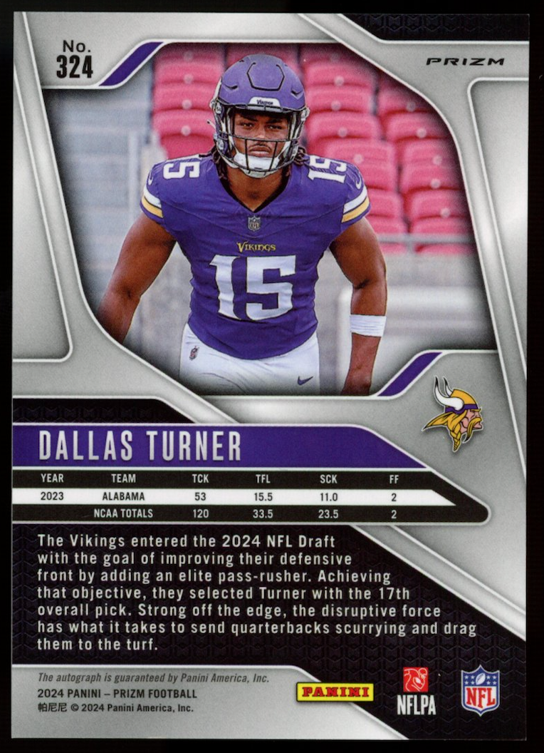 DALLAS TURNER 2024 Panini Prizm No Huddle Silver Disco Rookie Auto #324 Vikings