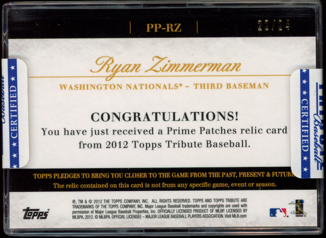 RYAN ZIMMERMAN 2012 Topps Tribute Prime Patches Game-Used /24 Sealed Nationals