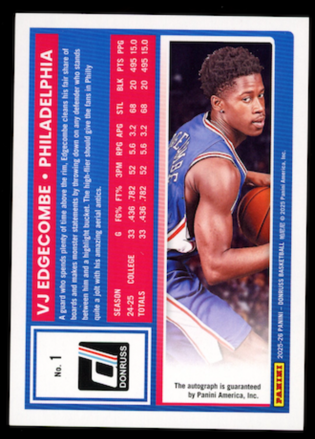 VJ EDGECOMBE 2025-26 Panini Donruss Rated Rookie Auto /99 #1 76ers