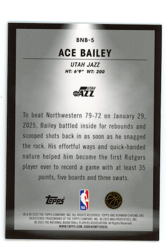 ACE BAILEY 2025-26 Bowman Chrome Rookie Spotlights Case Hit SSP #BNB-5 Jazz