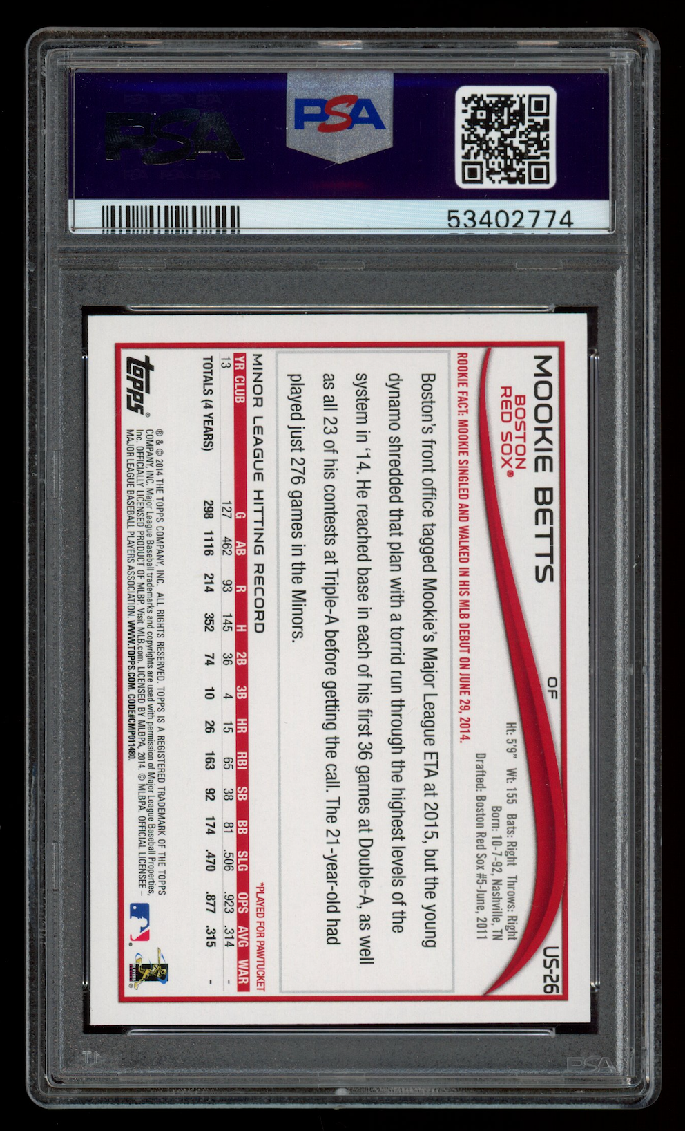 MOOKIE BETTS 2014 Topps Update Series Rookie Card #US26 PSA 9 Red Sox