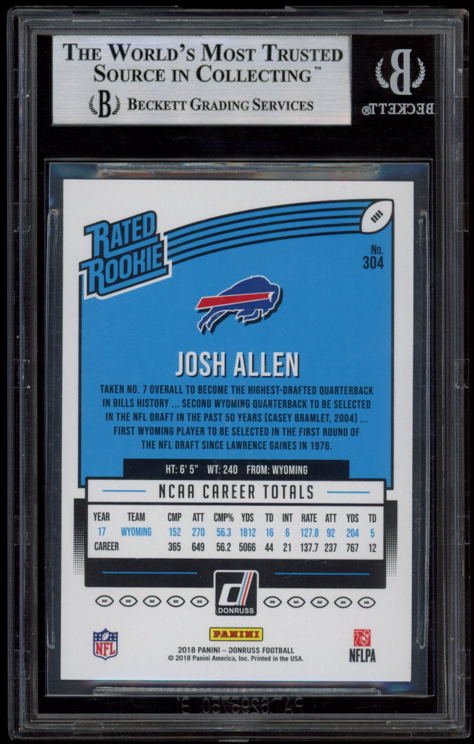 JOSH ALLEN 2018 Panini Donruss Rated Rookie #304 BGS 8.5 Buffalo Bills