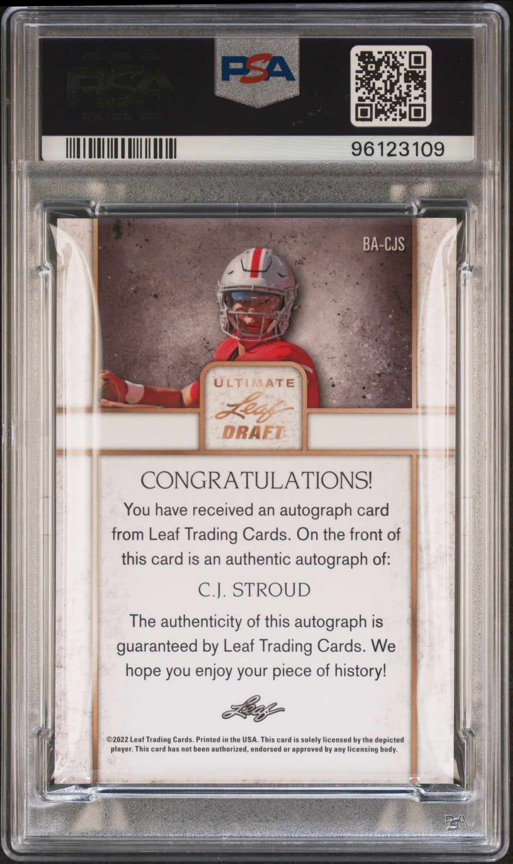 C.J. STROUD 2022 Leaf Ultimate Draft Rookie Auto #CJS PSA 9 Ohio State