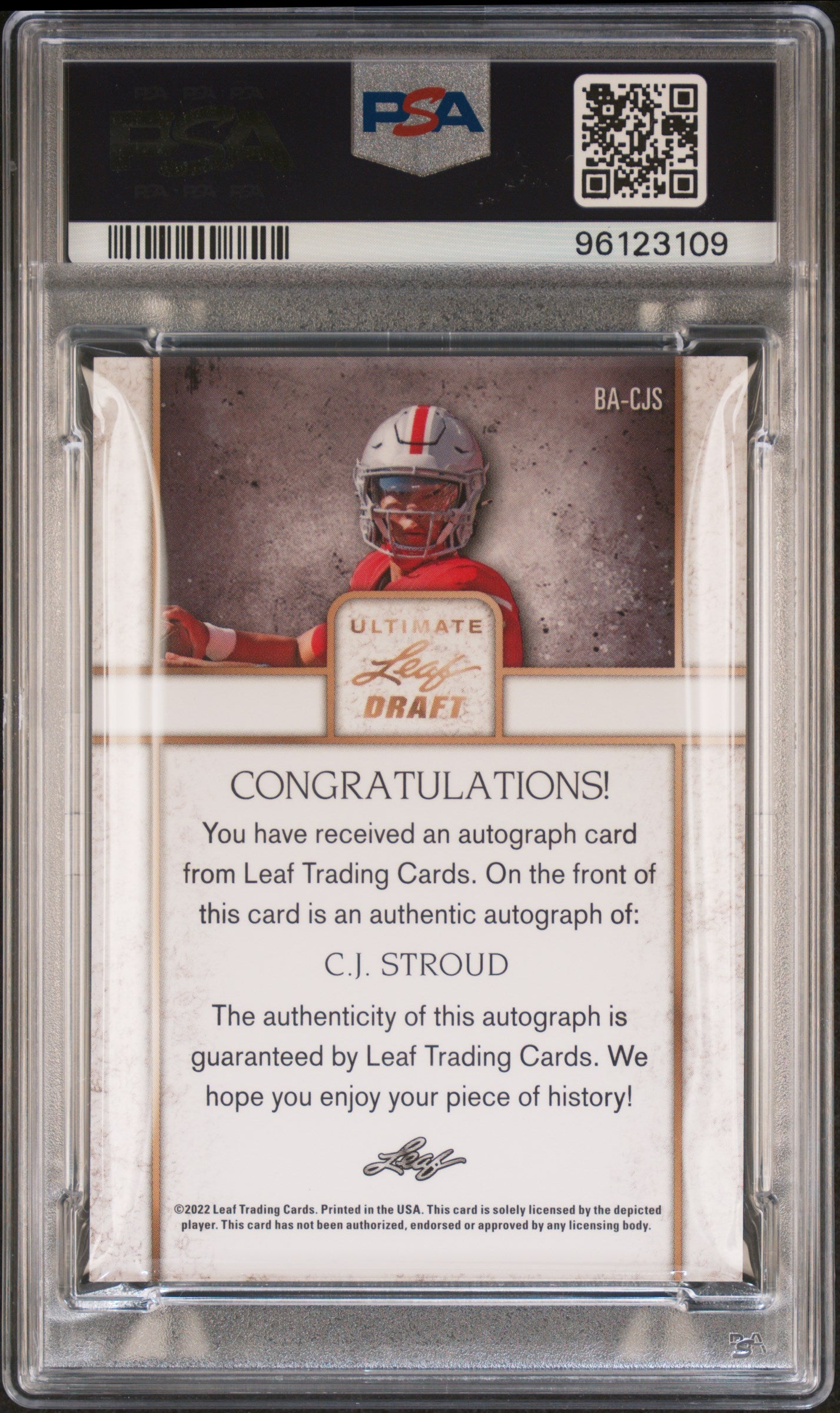 C.J. STROUD 2022 Leaf Ultimate Draft Rookie Auto #CJS PSA 9 Ohio State