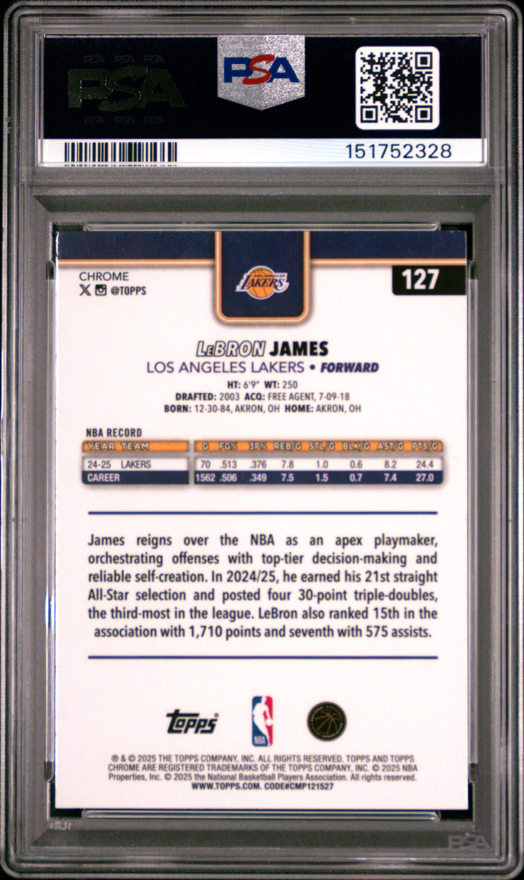 LEBRON JAMES 2025-26 Topps Chrome Magenta Refractor #127 /399 PSA 10 Lakers