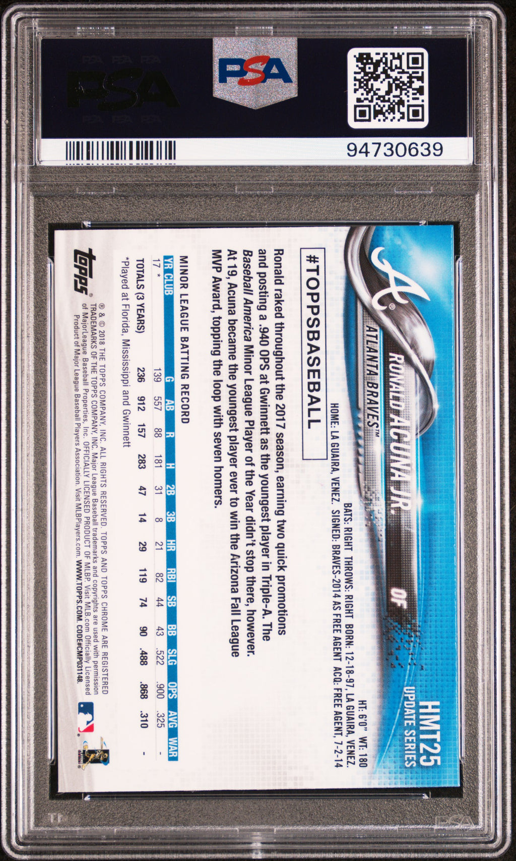 RONALD ACUNA JR. 2018 Topps Chrome Update Rookie #HMT25 PSA 10 Braves