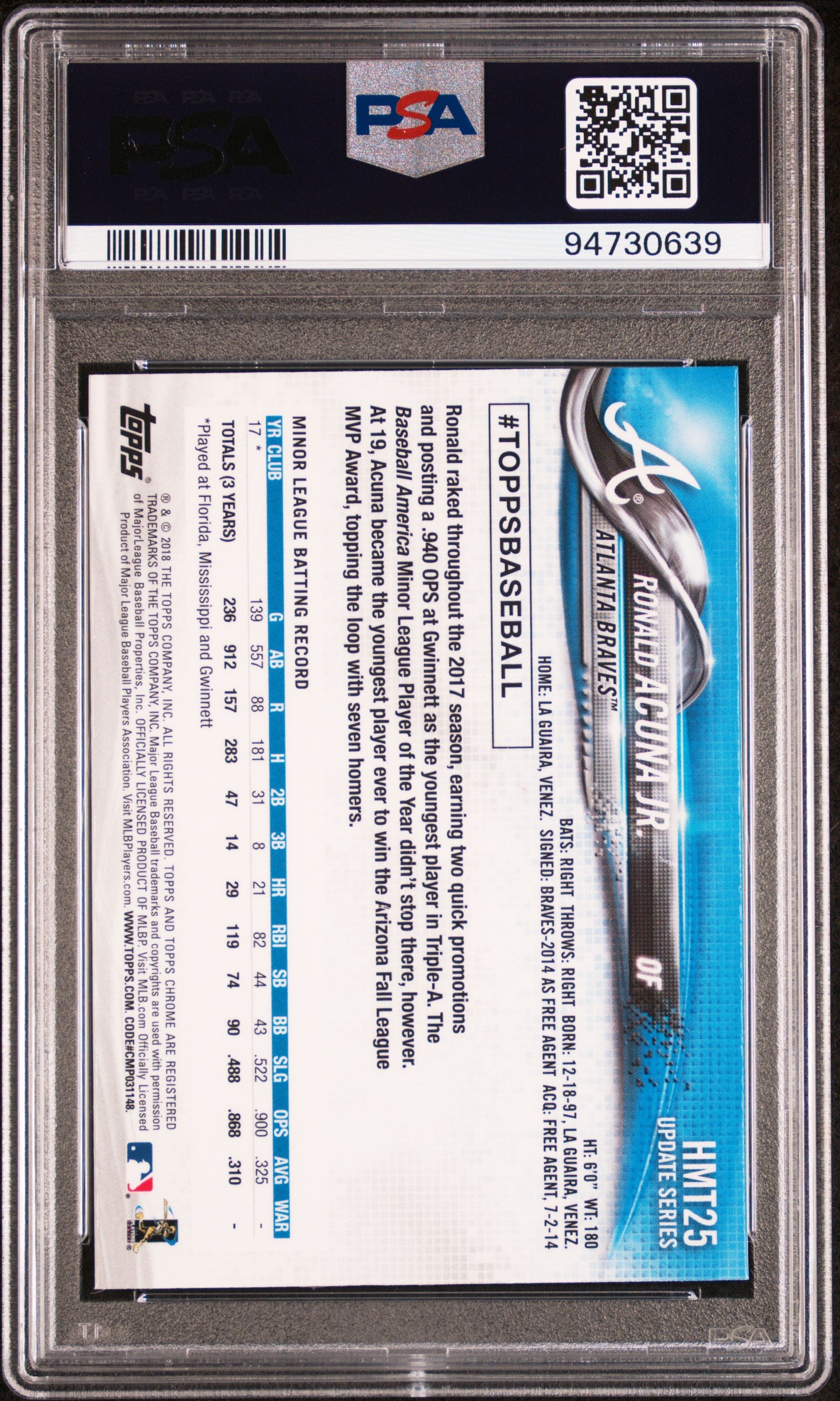 RONALD ACUNA JR. 2018 Topps Chrome Update Rookie #HMT25 PSA 10 Braves