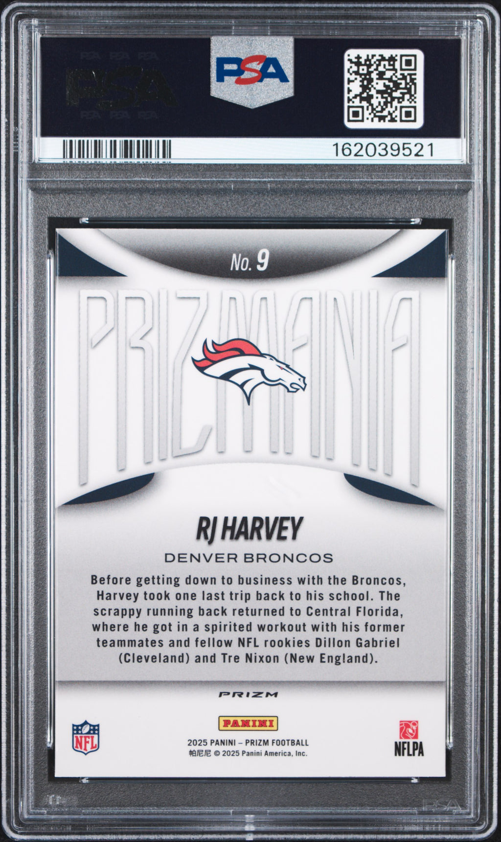 RJ HARVEY 2025 Panini Prizm Prizmania Rookie Case Hit SSP #9 PSA 10 Broncos