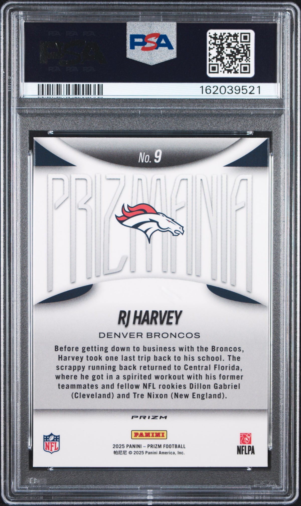 RJ HARVEY 2025 Panini Prizm Prizmania Rookie Case Hit SSP #9 PSA 10 Broncos