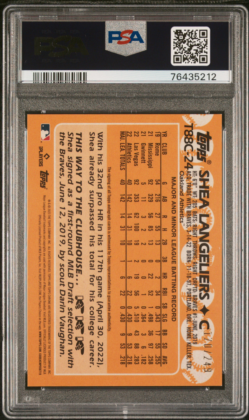SHEA LANGELIERS 2023 Topps Silver Pack 1988 Chrome Rookie Auto #T88C24 PSA 10