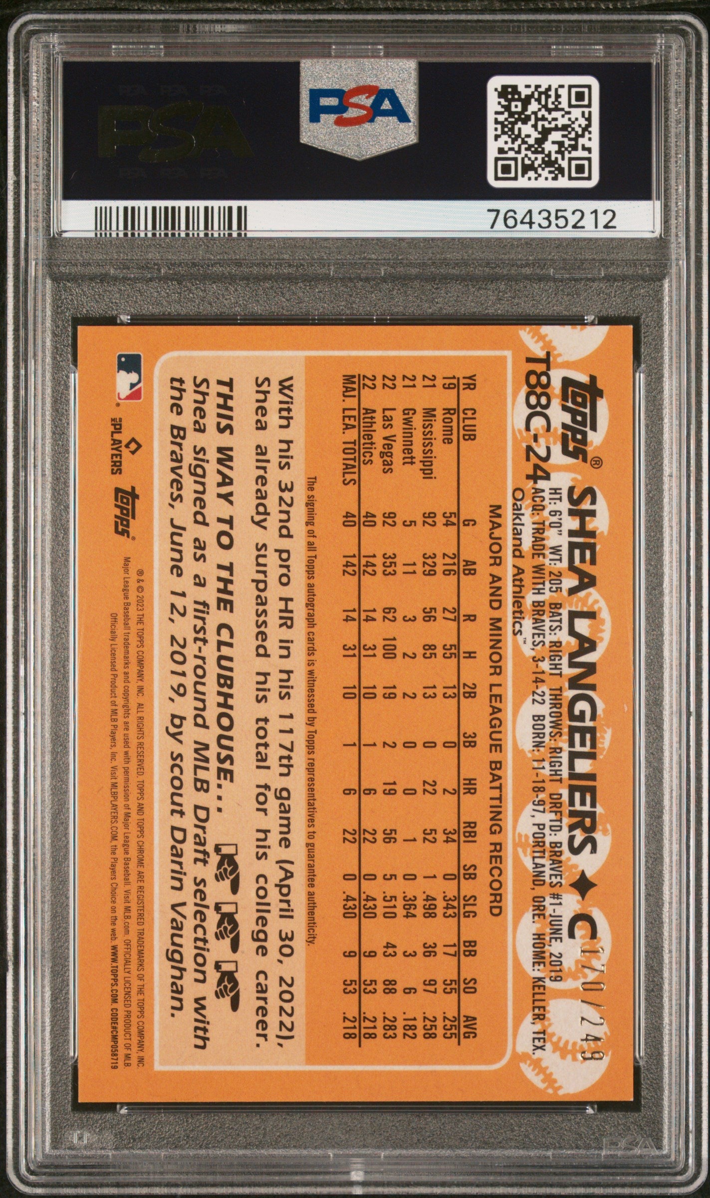 SHEA LANGELIERS 2023 Topps Silver Pack 1988 Chrome Rookie Auto #T88C24 PSA 10