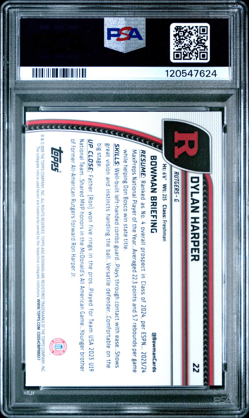 DYLAN HARPER 2024-25 Bowman Chrome U Black Wave Refractor #22 PSA 10 Rutgers