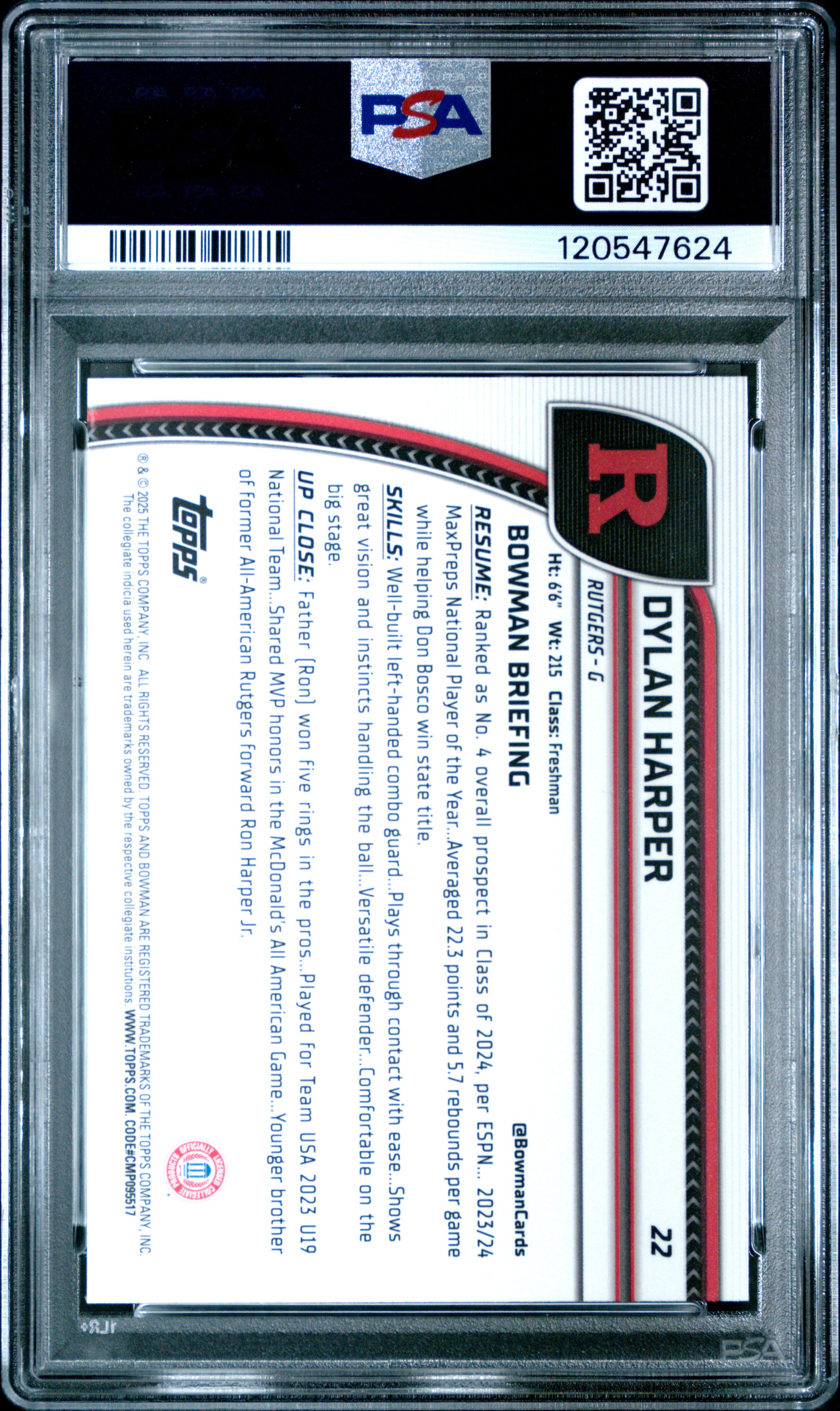DYLAN HARPER 2024-25 Bowman Chrome U Black Wave Refractor #22 PSA 10 Rutgers