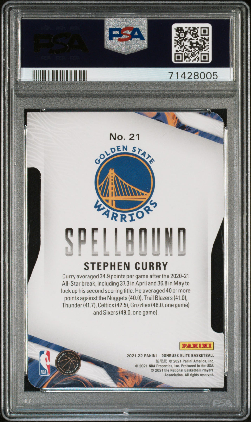 STEPHEN CURRY 2021-22 Panini Donruss Elite Spellbound Orange Die-Cut #21 PSA 10
