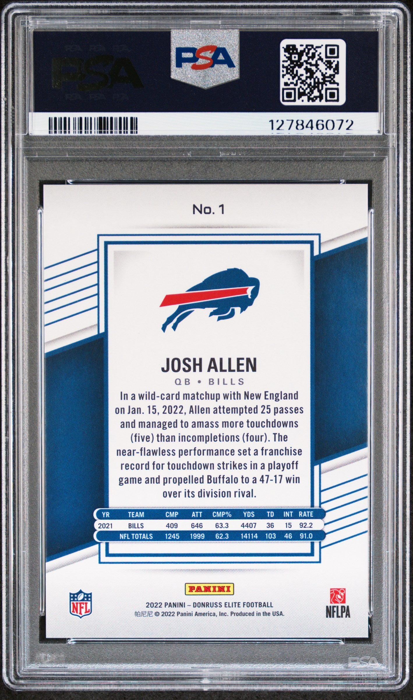 JOSH ALLEN 2022 Panini Donruss Elite Status Blue /17 #1 PSA 9 Buffalo Bills
