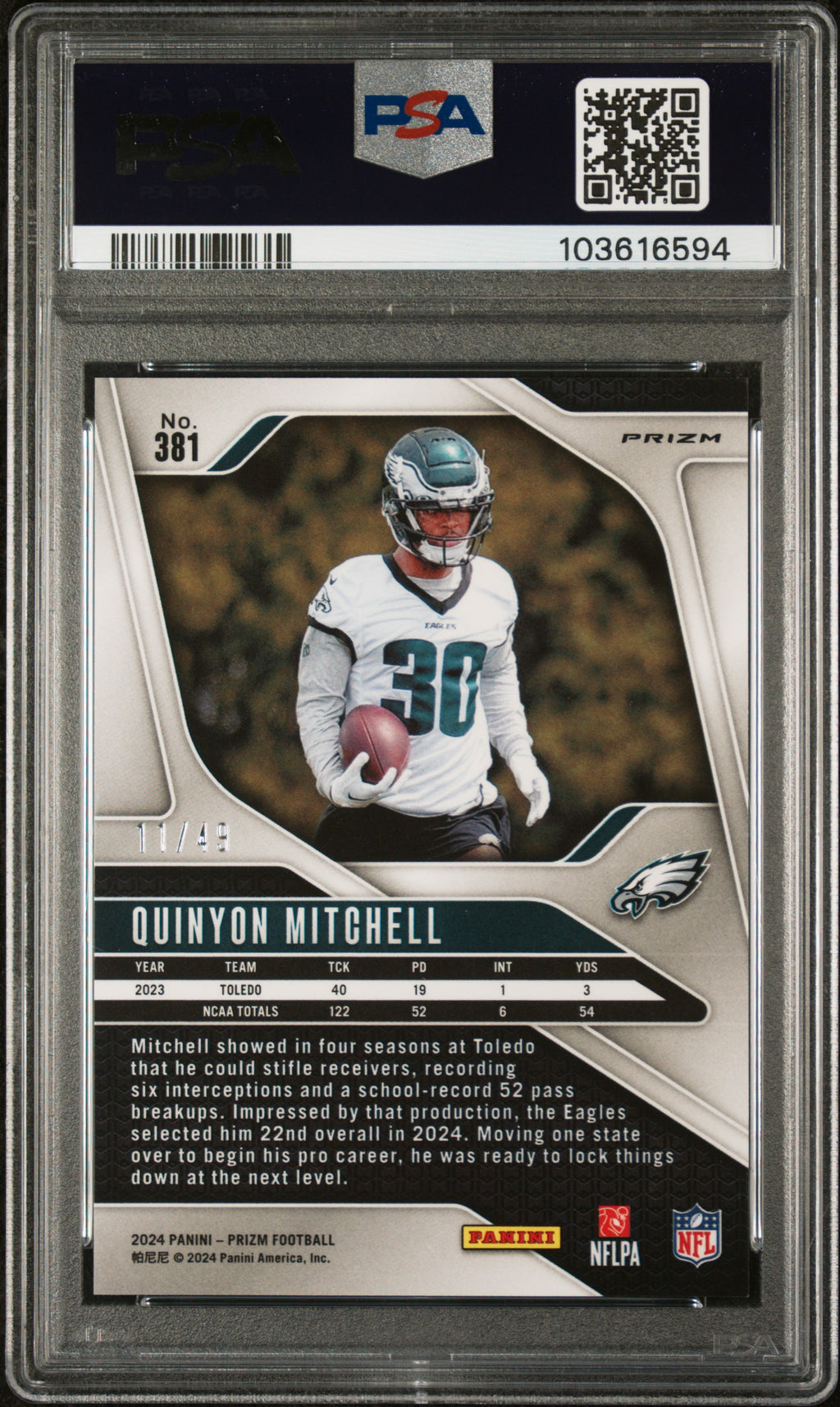 QUINYON MITCHELL 2024 Panini Prizm Rookie Purple Power /49 #381 PSA 10